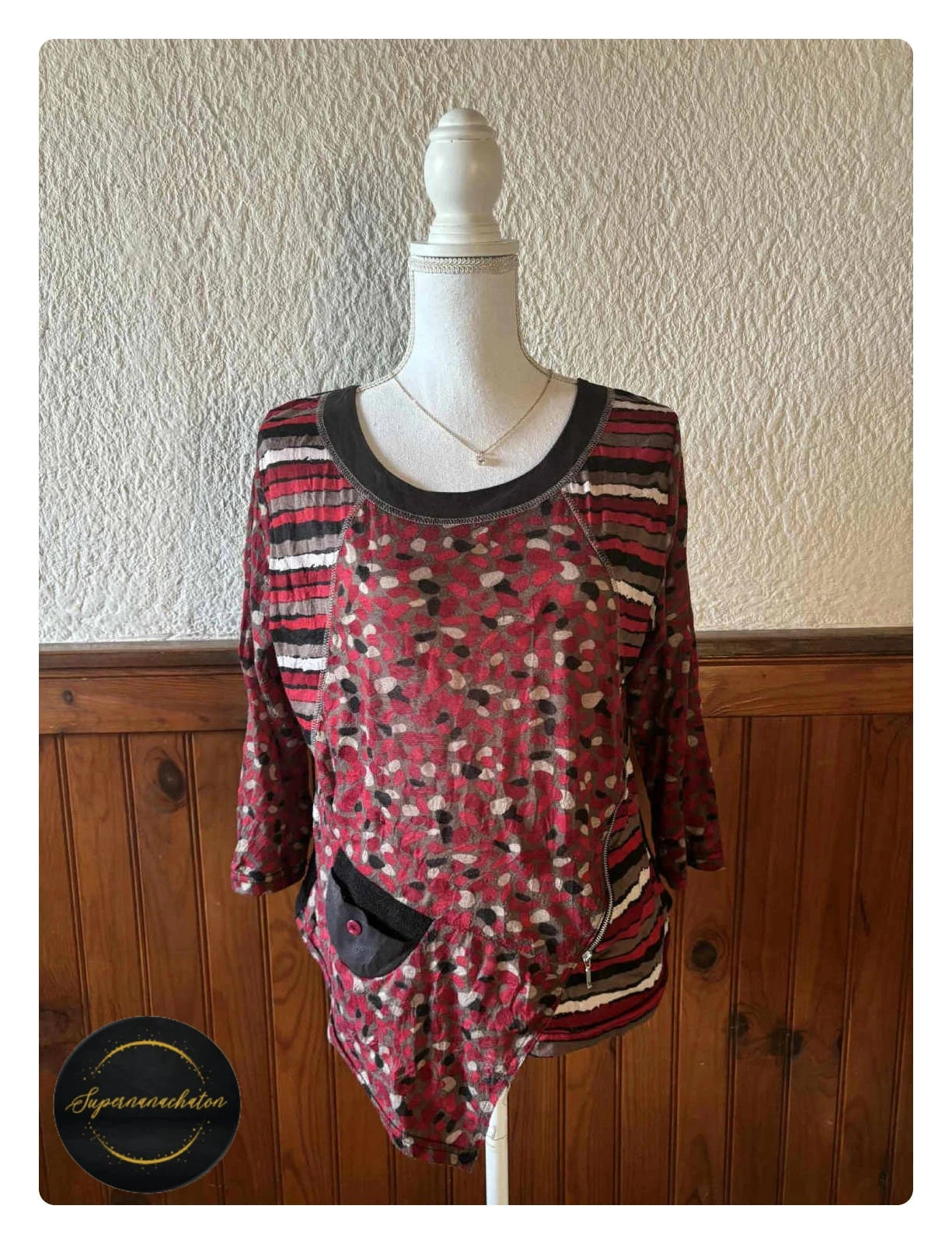 Tunique / Haut original asymétrique - Multiples - motifs & rayures bordeaux - Taille L / 40